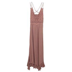 Free People FP One Adella Maxi Slip Dress Lace Boho Pink - Size Medium